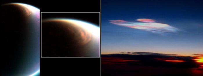 Polar clouds, made of methane, on Titan (left) compared with polar clouds on Earth (right), which are made of water or water ice.